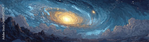 Vibrant illustrated sky features a swirling golden galaxy over dark mountains. Perfect for fantasy, science fiction, or mystical background designs.