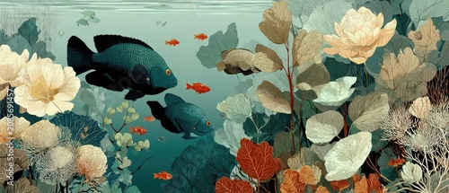 Detailed underwater illustration showing large fish among colorful coral and plants. Perfect for nature themes, backgrounds, or children's book illustrations.