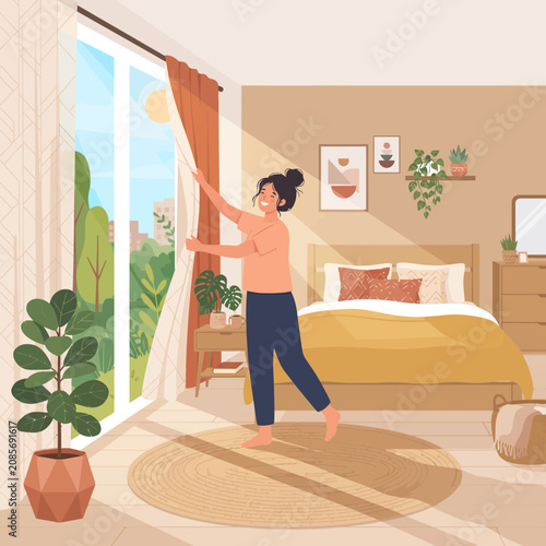 Happy Woman Opening Curtains in Cozy Bedroom to Let Morning Sunlight In, Warm Vector Illustration
