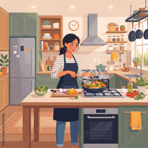 A Young Woman Preparing Fresh Healthy Vegetables in a Cozy Modern Kitchen Interior at Home