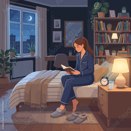A Young Woman Relaxing with a Book in a Cozy Bedroom at Night by Moonlight