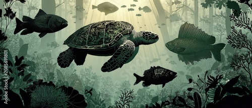 Green sea turtle swims amidst fish in a stylized undersea world. Perfect for conservation, marine life, or environmental awareness campaigns.