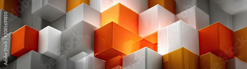 Abstract 3D pattern of white and vibrant orange cubes with glowing elements. Excellent for modern design, technology, innovation, or business backgrounds.
