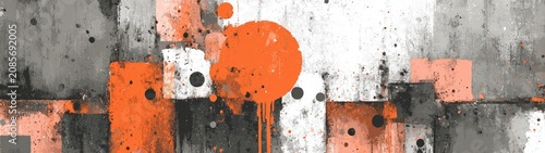 Vibrant orange paint splatters over textured grey and white blocks. Ideal for creative backgrounds, modern design, banners, websites, or art.