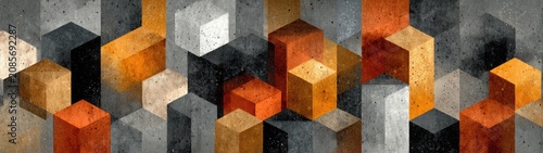 Abstract 3D blocks with textured concrete finish in warm orange and gray. Perfect for modern backgrounds, banners, or creative architectural designs.