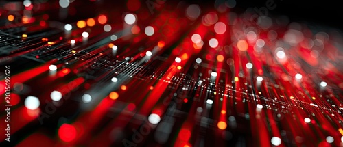 Vibrant red light beams and glowing bokeh dots create a futuristic abstract pattern. Use as a dynamic background for technology, data, and digital network concepts.