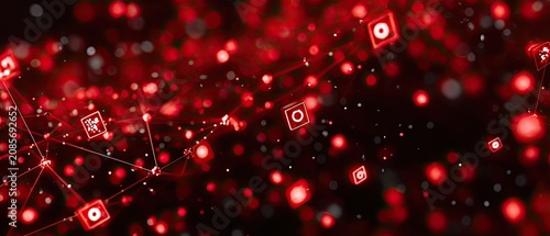 Abstract red network, glowing geometric nodes, connected lines, bokeh lights. Perfect for AI, cybersecurity, data visualization, or technology concepts.