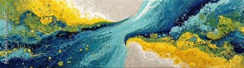 Dynamic fluid art painting with swirling blue, yellow, green cells. Ideal for abstract backgrounds, modern design, or creative projects.