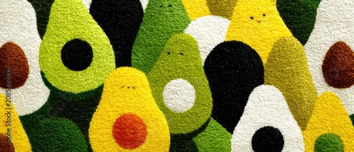 Colorful, fluffy avocado shapes create a playful, textured background. Perfect for healthy food themes, cute designs, or children's concepts.