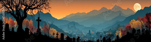 Spooky graveyard frames an autumn town, misty mountains, and glowing full moon. Ideal for Halloween, mysterious autumn themes, or enchanting nocturnal scenes.