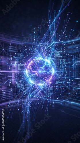 Futuristic brain concept with electric pulses and digital connections representing ai and technology