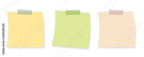 Three pastel sticky notes with shadows and polka dot stickers on transparent background, PNG graphic