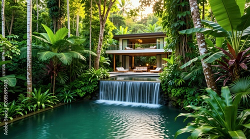 Modern luxury villa with waterfall pool surrounded by dense tropical jungle. Open-air living space offers serene nature escape. Peaceful lush green exotic paradise retreat.
