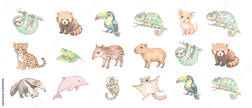 Fototapeta premium Watercolor cute jungle animals clipart set featuring sloth, red panda, toucan, capybara, chameleon, pink dolphin. Isolated exotic tropical wildlife illustration on white background for nursery design.
