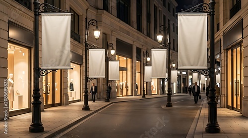 Empty vertical banners hanging on street lamp posts in a modern shopping district at night.