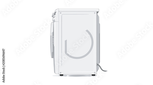 A clean white washing machine is depicted from the side, clearly showing its utility connections, including a visible water hose and power cord, against a bright white background.