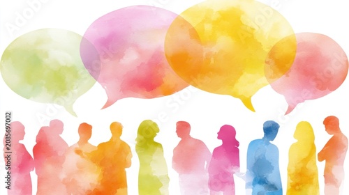 A group of people standing in a row, with colorful speech bubbles above them.