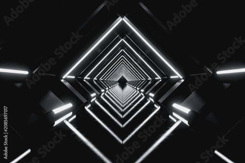 A monochrome abstract tunnel with symmetrical recursive diamond neon frames creating a sense of endless perspective.