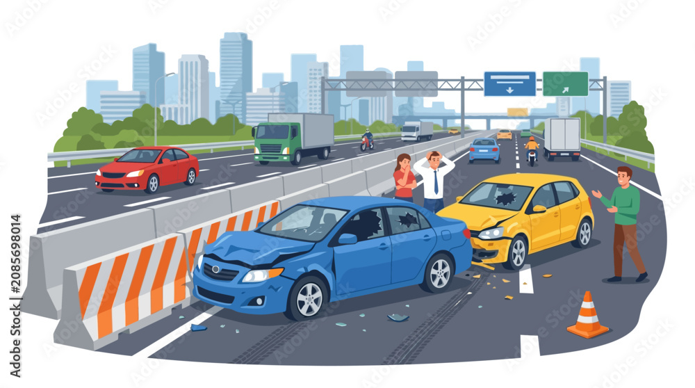 Fototapeta premium Car Accident on Highway, Injured Drivers, City Background, Traffic Jam
