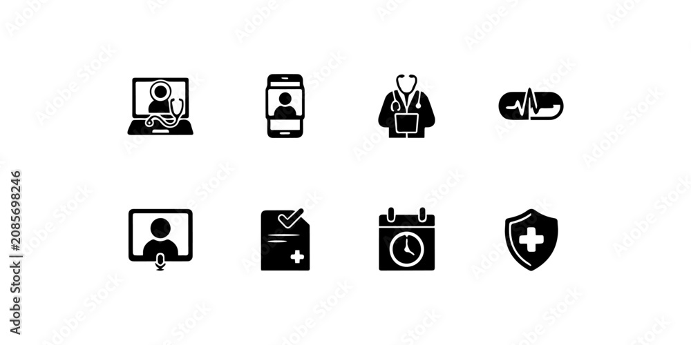 Fototapeta premium Telemedicine online doctor consultation icons Black silhouette icon white background.