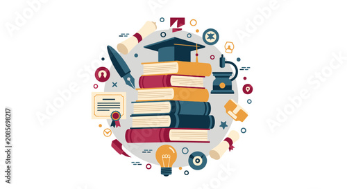 Education and Academic Success Concept Vector Illustration with Books, Graduation Cap, and Science Icons