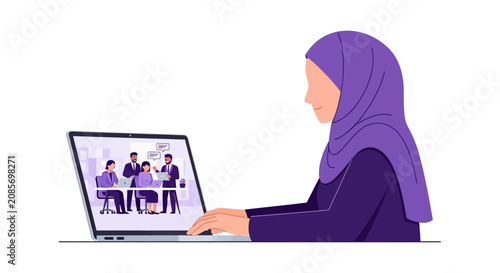 Professional Muslim Woman Wearing Hijab Working on Laptop, Virtual Business Meeting and Remote Collaboration Concept, Flat Vector Illustration