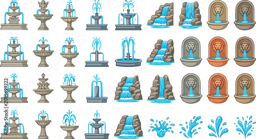 Collection of decorative garden fountains and stone waterfalls vector illustration set for landscape design and architecture