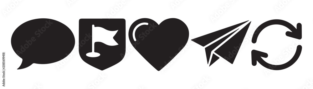 Obraz premium Social media interface icons featuring speech bubble flag heart paper plane and refresh arrow set.