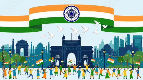 Festive celebration of Indian independence with diverse group of people holding flags and showcasing cultural unity in front of