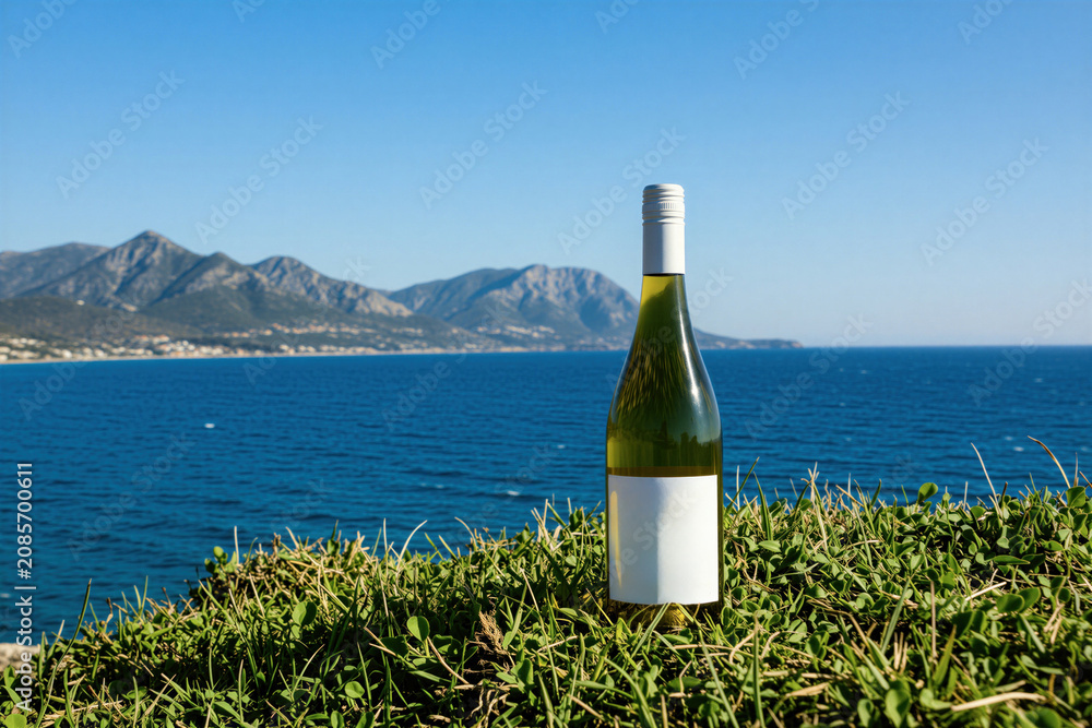Obraz premium Bottle of white wine stands on green grass overlooking blue sea and mountains. Clear sky suggests pleasant day for outdoor drinking and relaxation.