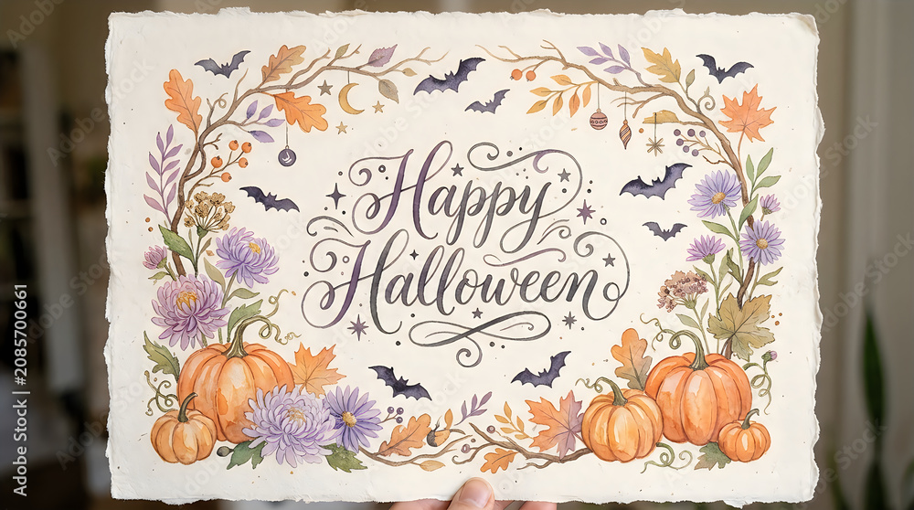 Fototapeta premium Watercolor halloween illustration with pumpkins flowers and calligraphy festive design