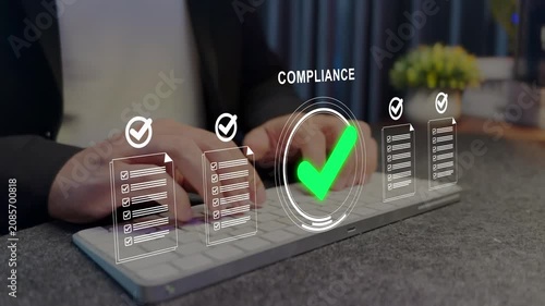 Regulatory compliance checklist concept. Digital check mark icons, standards verification, risk management and business certification process.