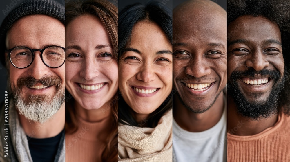 Fototapeta premium Five diverse individuals smiling and posing for a portrait