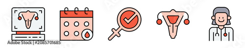 Conjunto de iconos de salud femenina. Representa cuidado ginecológico y bienestar reproductivo. Incluye examen médico, calendario menstrual, salud femenina, sistema reproductivo y especialista