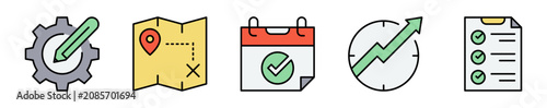 Conjunto de iconos de planificación estratégica. Representa organización y seguimiento de objetivos. Incluye configuración, mapa, calendario, crecimiento y lista de tareas. Ilustración vectorial