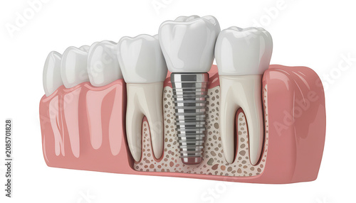 Dental implant in jawbone with natural teeth isolated on transparent background