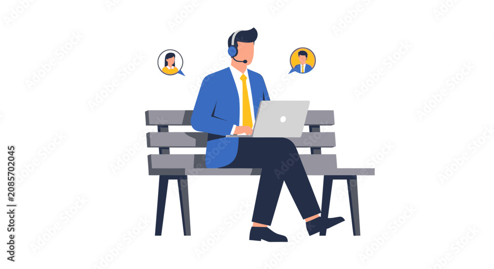 Fototapeta premium Customer Support Representative Working Remotely on Park Bench with Laptop and Headset Vector Illustration