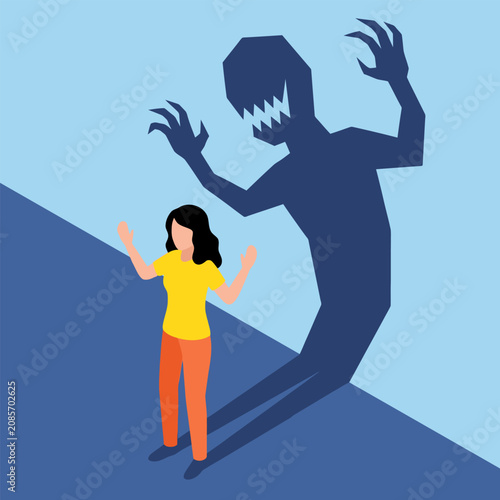 Foto Frightened Person With Surrendering Hands and Spooky Monster Shadow - States of