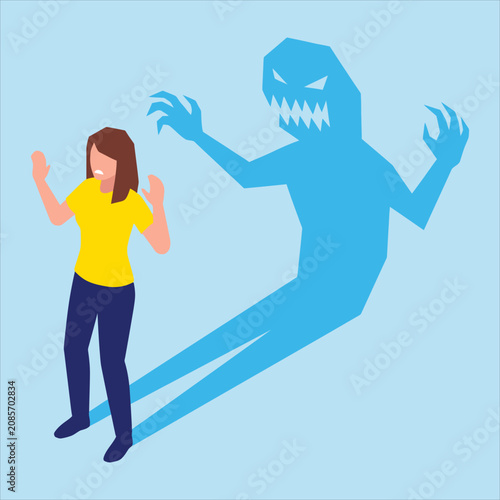 Bilde på lerret Terrified Woman Facing Bright Blue Monster Shadow Silhouette - States of Mind Ve