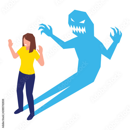 Cuadro en lienzo Terrified Woman Facing Bright Blue Monster Shadow Silhouette - States of Mind Il