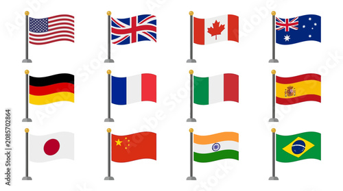Set of 12 popular international country flags on flagpoles against a white background.