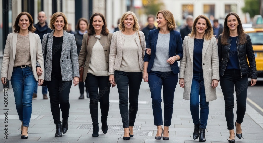 Obraz premium Seven women walking down a street, wearing blazers and jeans, with a mix of neutral and earthy tones.
