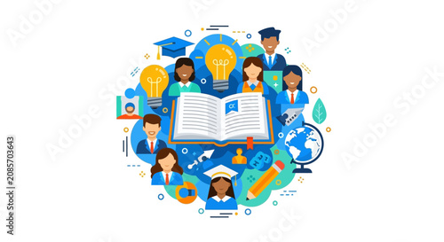 Global Education and Lifelong Learning Concept Vector Illustration with Diverse Students and Knowledge Symbols