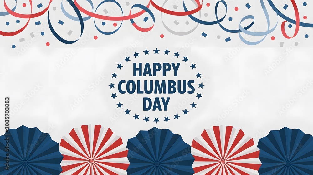 Obraz premium Happy columbus day greeting card with colorful streamers and decorative paper fans