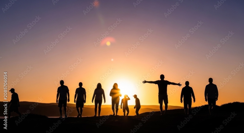 Fototapeta premium A group of people standing on a hillside at sunset, with a clear sky and a mountain in the background.