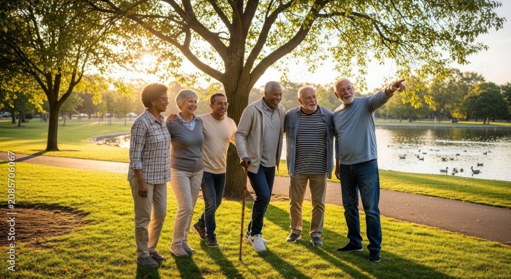Obraz premium A group of elderly individuals standing together in a park, with a lake in the background.
