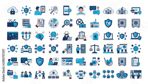 Cyber security and data protection flat vector icon set with security protection internet technology encryption password authentication biometric firewall management communication