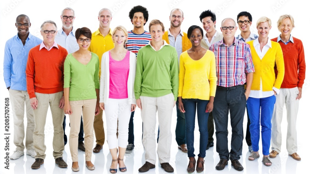Obraz premium A diverse group of people standing together in a line, wearing colorful clothing, against a white background.