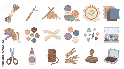 Tableau sur toile Collection of sewing and crafting supplies, including thread, needles, yarn, buttons, scissors, glue, and embroidery hoop