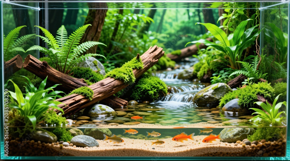 Fototapeta premium Small fish swim in clear water tank. Lush green plants and moss cover logs and rocks. Tiny waterfall flows in jungle diorama. Peaceful natural scene.